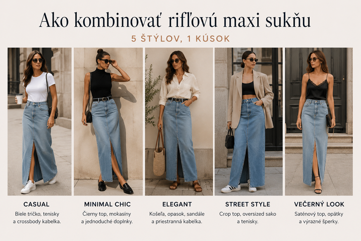Ako kombinovať riflovú maxi sukňu